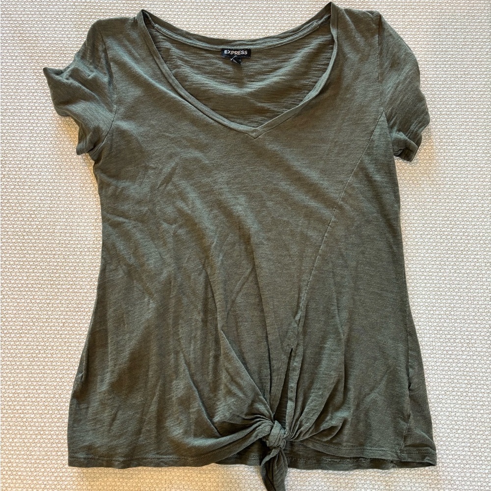 Express Dark Green Women's V-Neck Knot Tee